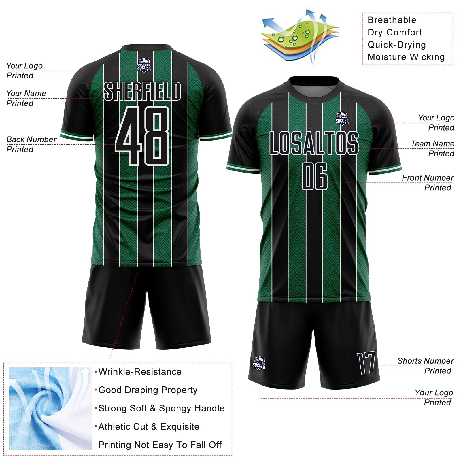 Custom Black Kelly Green-White Pinstripe Line Sports Sublimation Soccer Uniform Jersey view 4