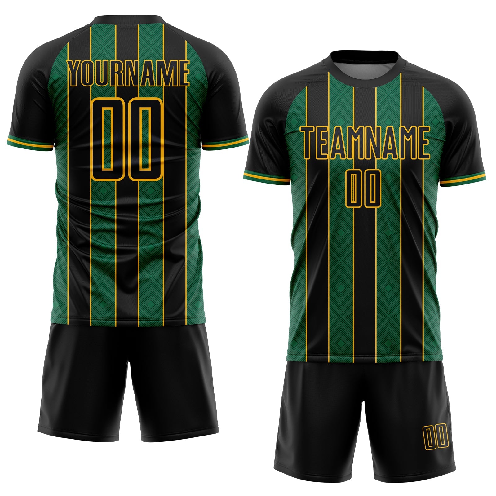 Custom Black Kelly Green-Gold Pinstripe Line Sports Sublimation Soccer Uniform Jersey view 2