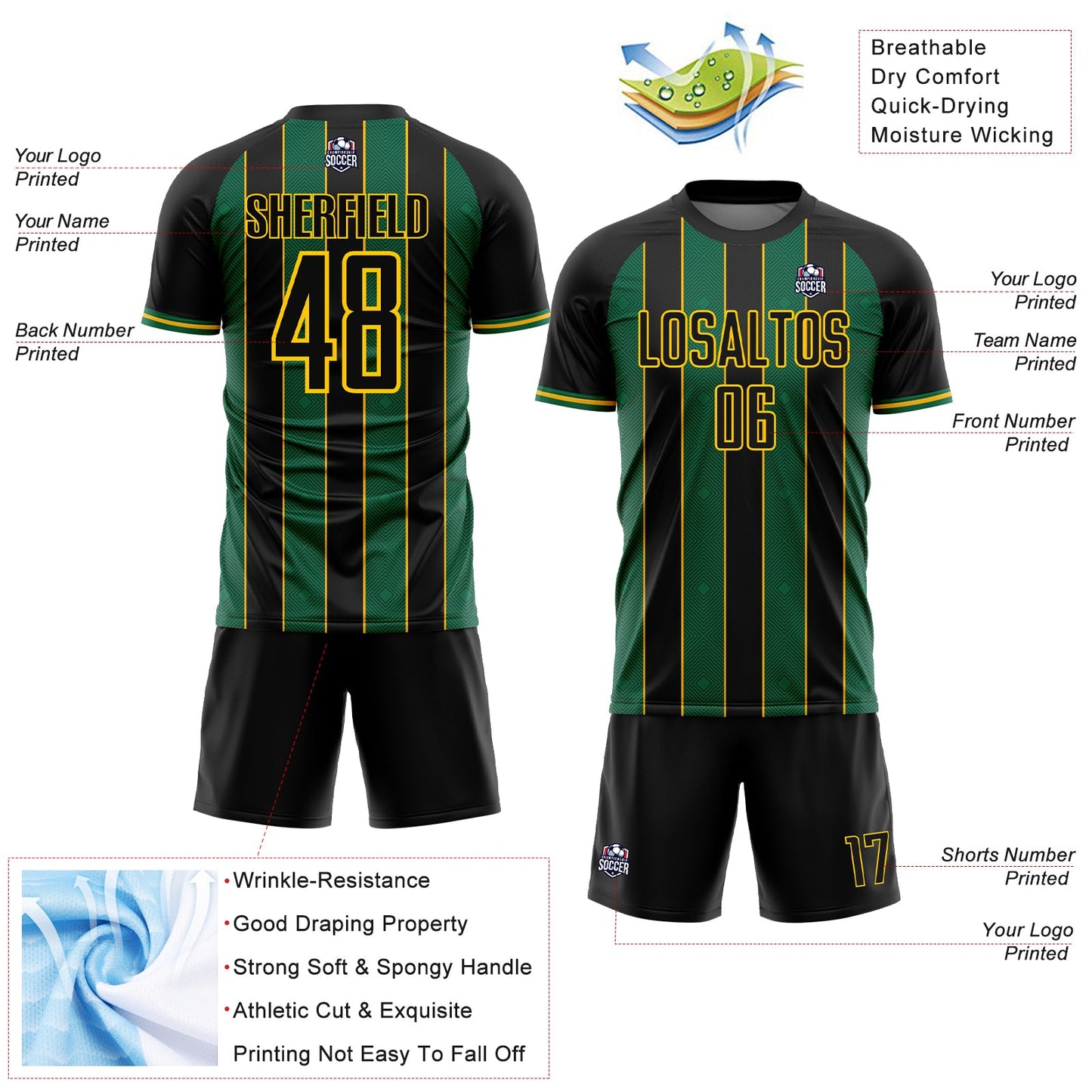 Custom Black Kelly Green-Gold Pinstripe Line Sports Sublimation Soccer Uniform Jersey view 4
