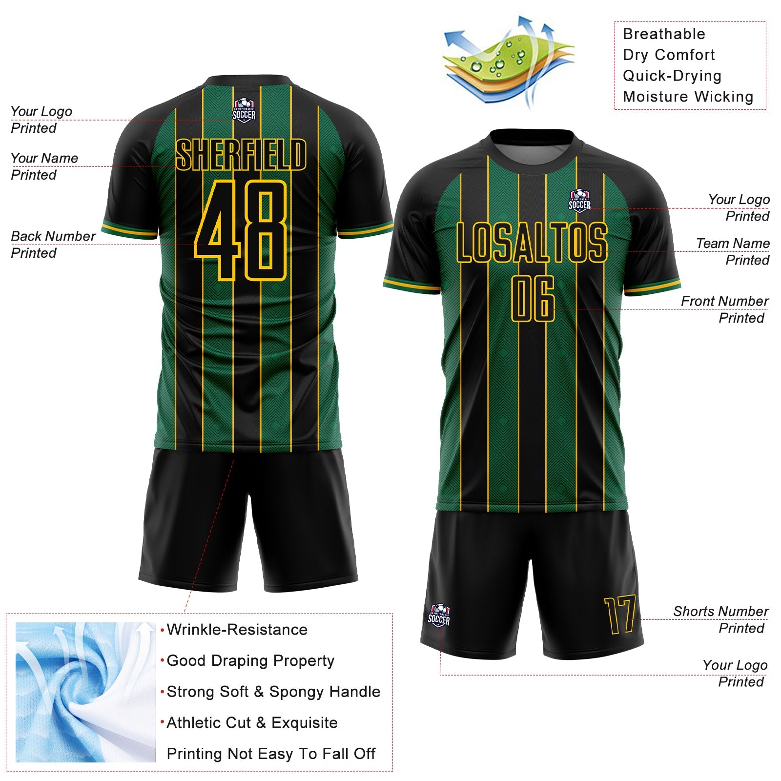 Custom Black Kelly Green-Gold Pinstripe Line Sports Sublimation Soccer Uniform Jersey view 4