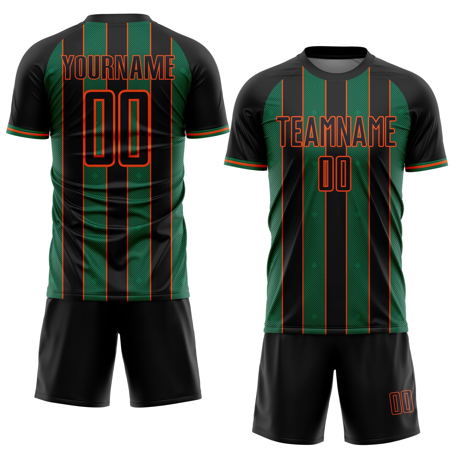 Custom Black Kelly Green-Orange Pinstripe Line Sports Sublimation Soccer Uniform Jersey view 2
