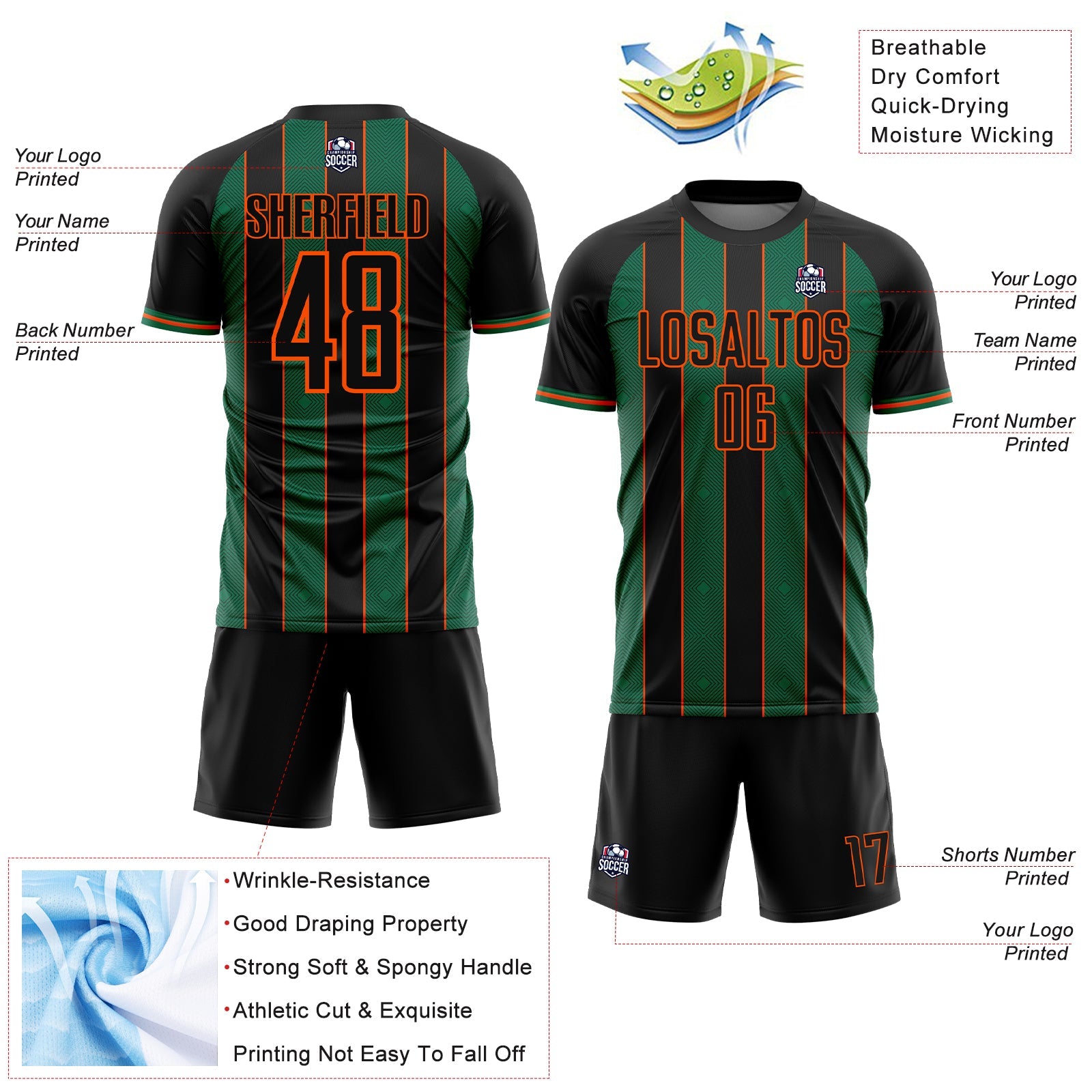 Custom Black Kelly Green-Orange Pinstripe Line Sports Sublimation Soccer Uniform Jersey view 4