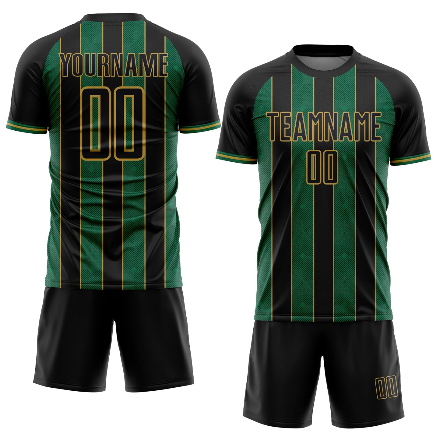 Custom Black Kelly Green-Old Gold Pinstripe Line Sports Sublimation Soccer Uniform Jersey view 2