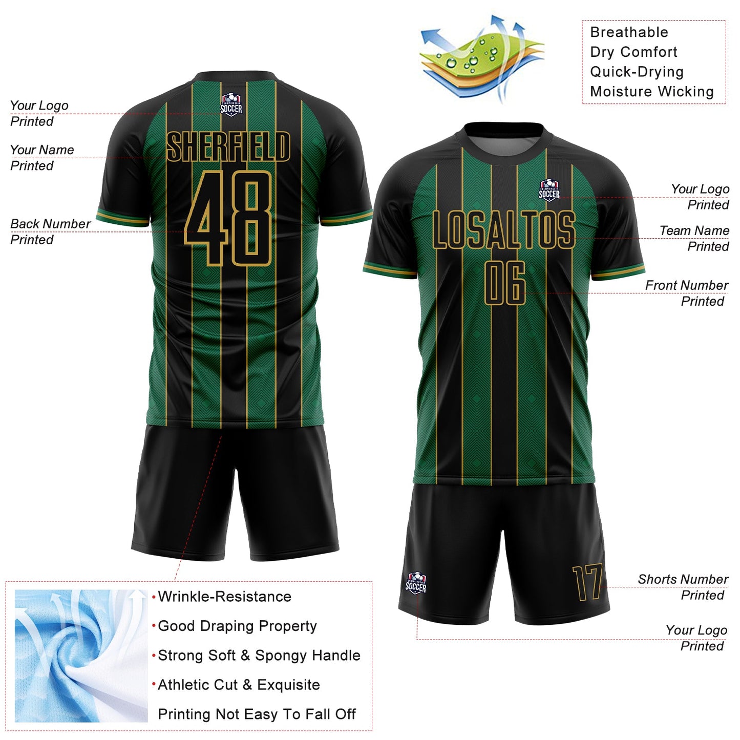 Custom Black Kelly Green-Old Gold Pinstripe Line Sports Sublimation Soccer Uniform Jersey view 4