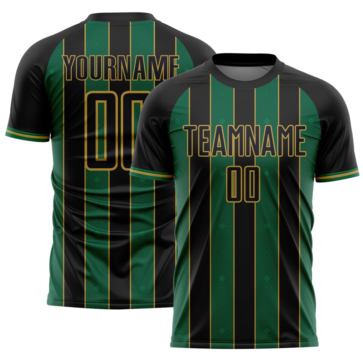 Custom Black Kelly Green-Old Gold Pinstripe Line Sports Sublimation Soccer Uniform Jersey - Main View
