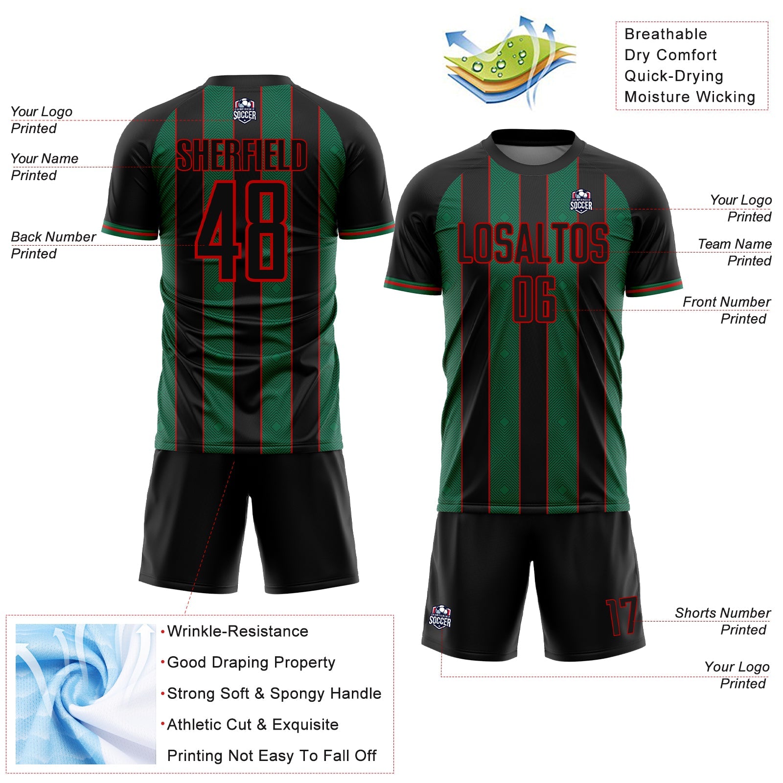 Custom Black Kelly Green-Red Pinstripe Line Sports Sublimation Soccer Uniform Jersey view 4