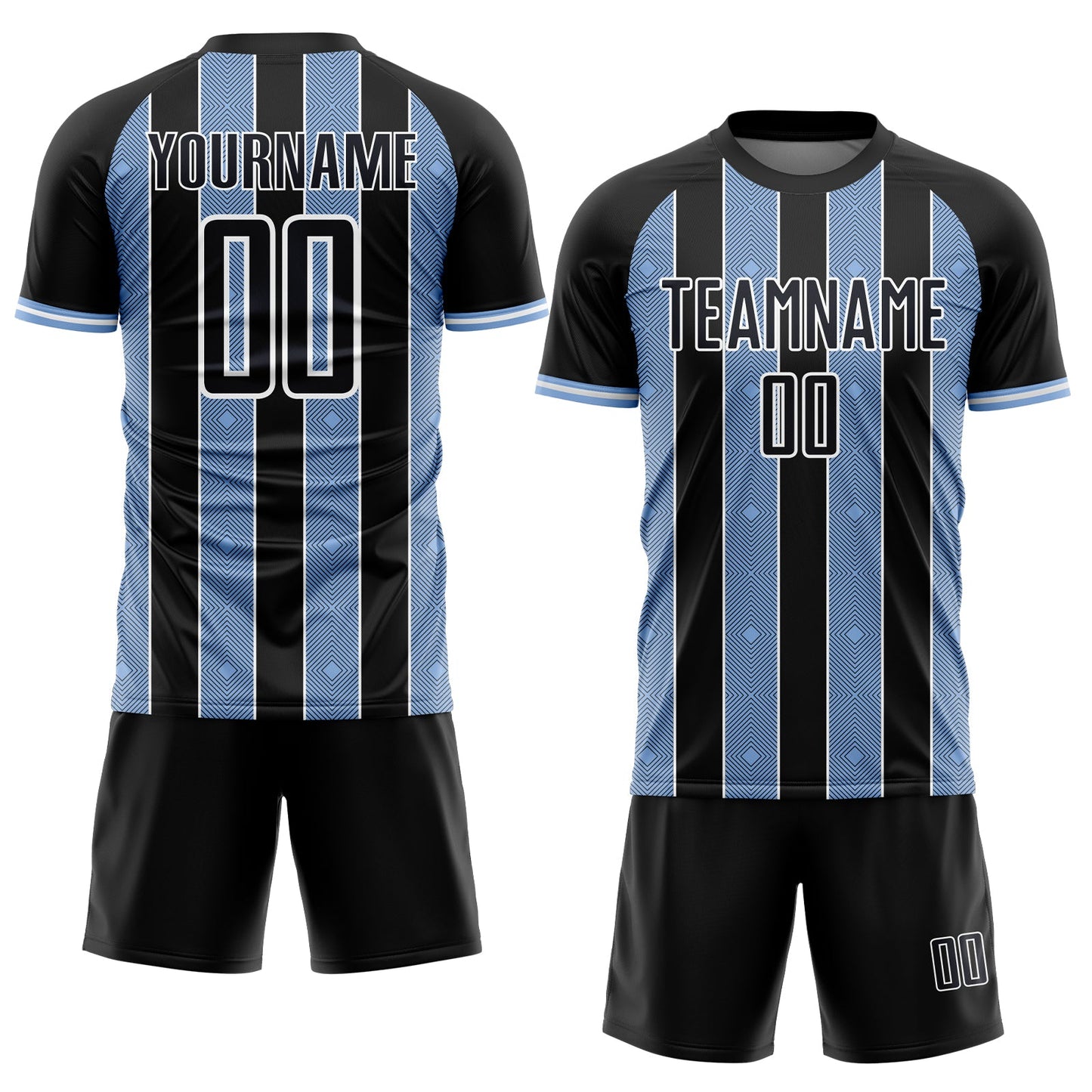 Custom Black Light Blue-White Pinstripe Line Sports Sublimation Soccer Uniform Jersey view 2