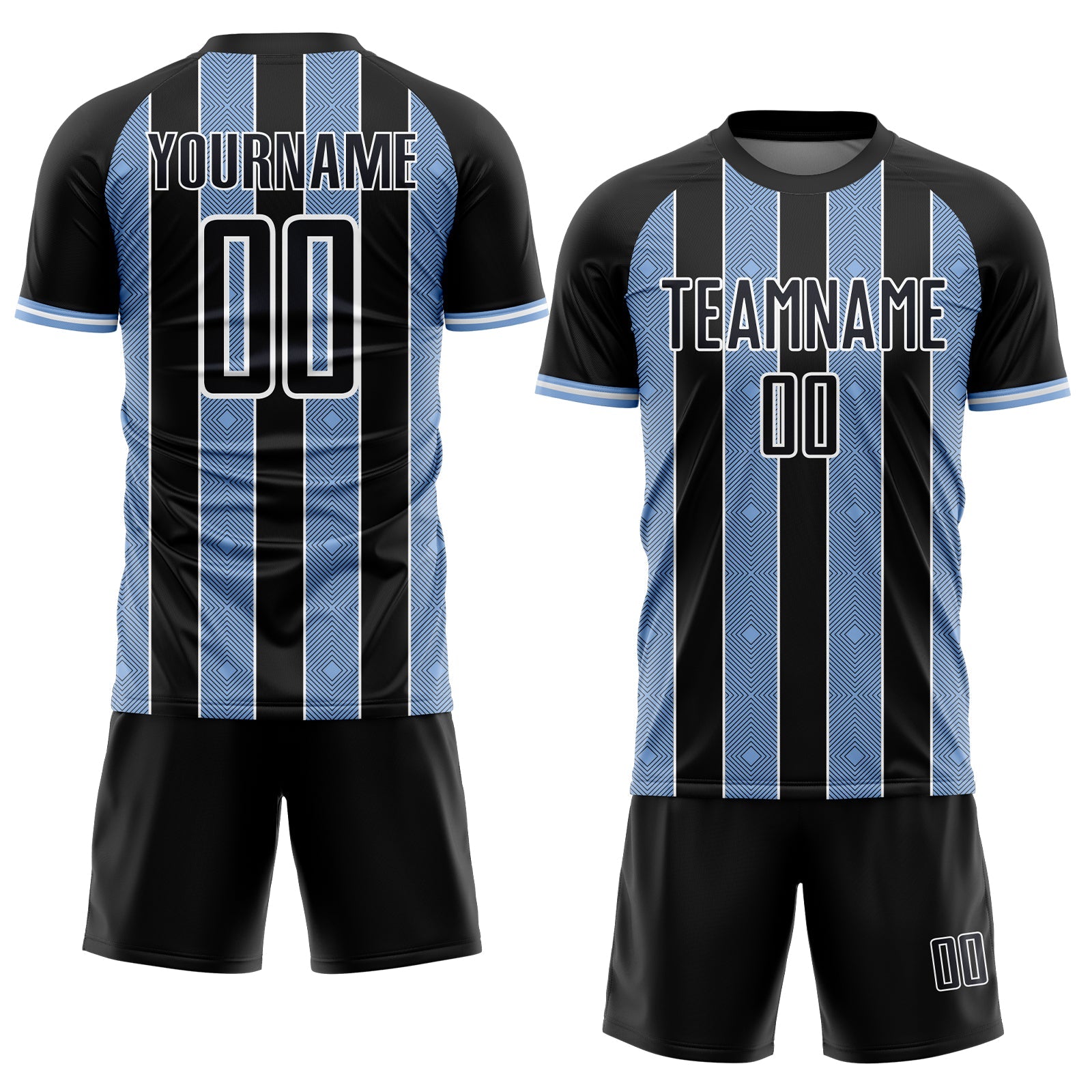 Custom Black Light Blue-White Pinstripe Line Sports Sublimation Soccer Uniform Jersey view 2