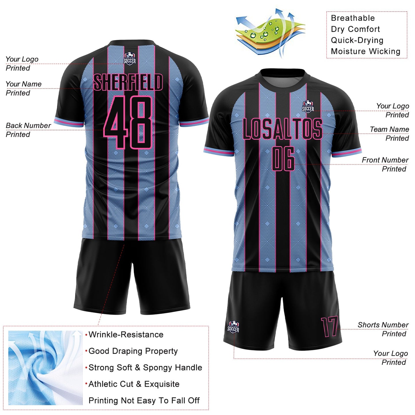Custom Black Light Blue-Pink Pinstripe Line Sports Sublimation Soccer Uniform Jersey view 4