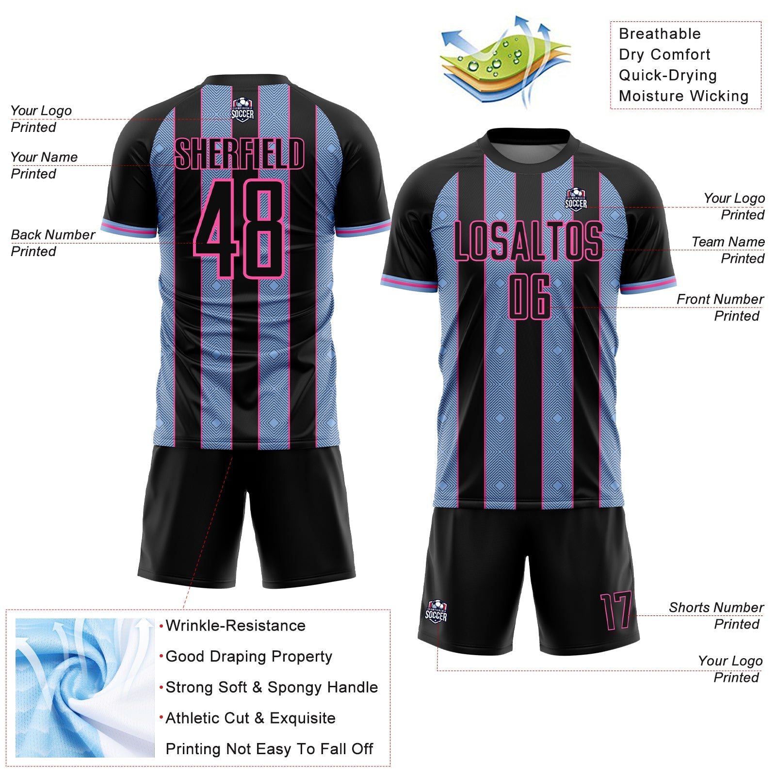 Custom Black Light Blue-Pink Pinstripe Line Sports Sublimation Soccer Uniform Jersey view 4