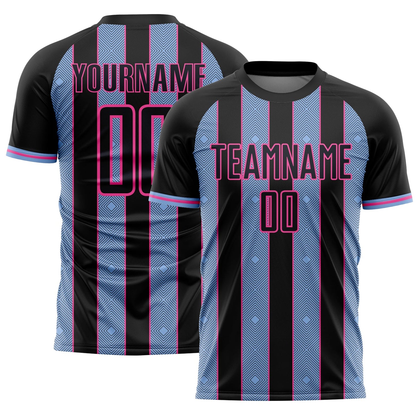 Custom Black Light Blue-Pink Pinstripe Line Sports Sublimation Soccer Uniform Jersey - Main View