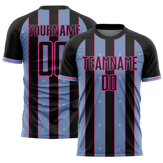 Custom Black Light Blue-Pink Pinstripe Line Sports Sublimation Soccer Uniform Jersey - Main View