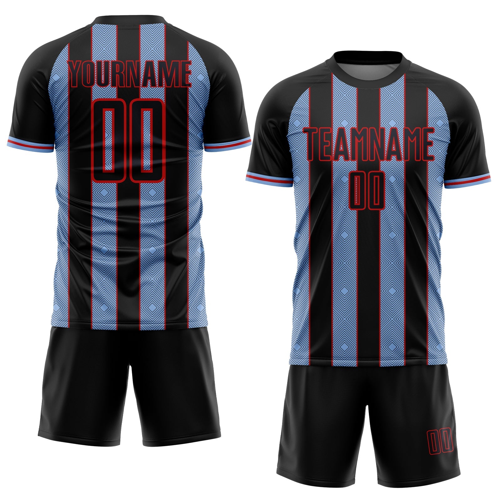 Custom Black Light Blue-Red Pinstripe Line Sports Sublimation Soccer Uniform Jersey view 2