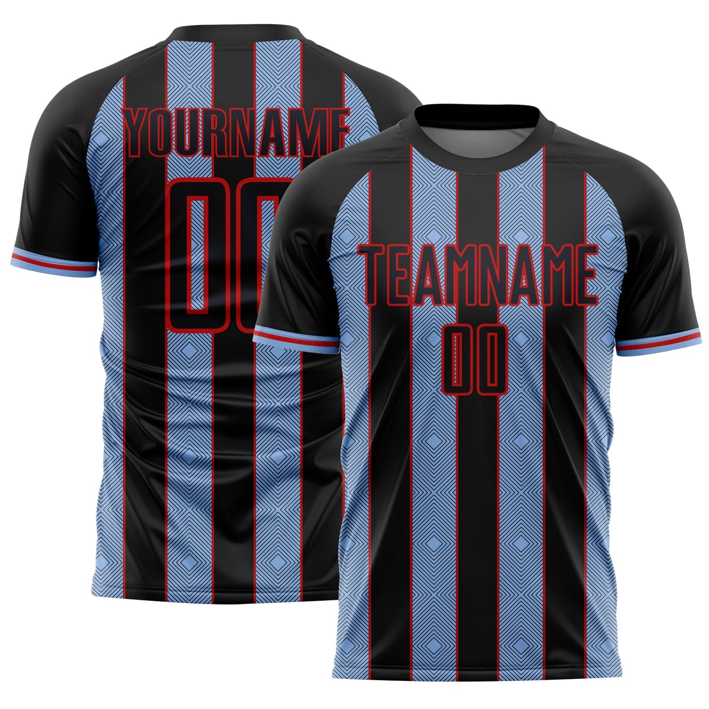 Custom Black Light Blue-Red Pinstripe Line Sports Sublimation Soccer Uniform Jersey - Main View