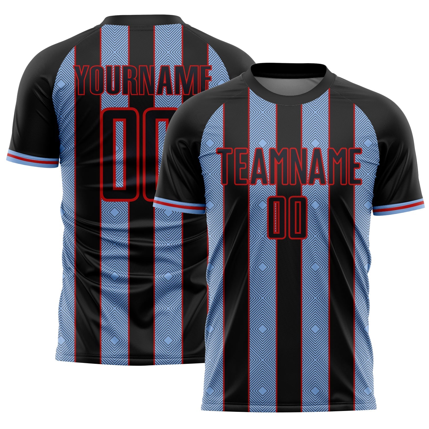 Custom Black Light Blue-Red Pinstripe Line Sports Sublimation Soccer Uniform Jersey - Main View