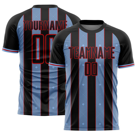 Custom Black Light Blue-Red Pinstripe Line Sports Sublimation Soccer Uniform Jersey - Main View