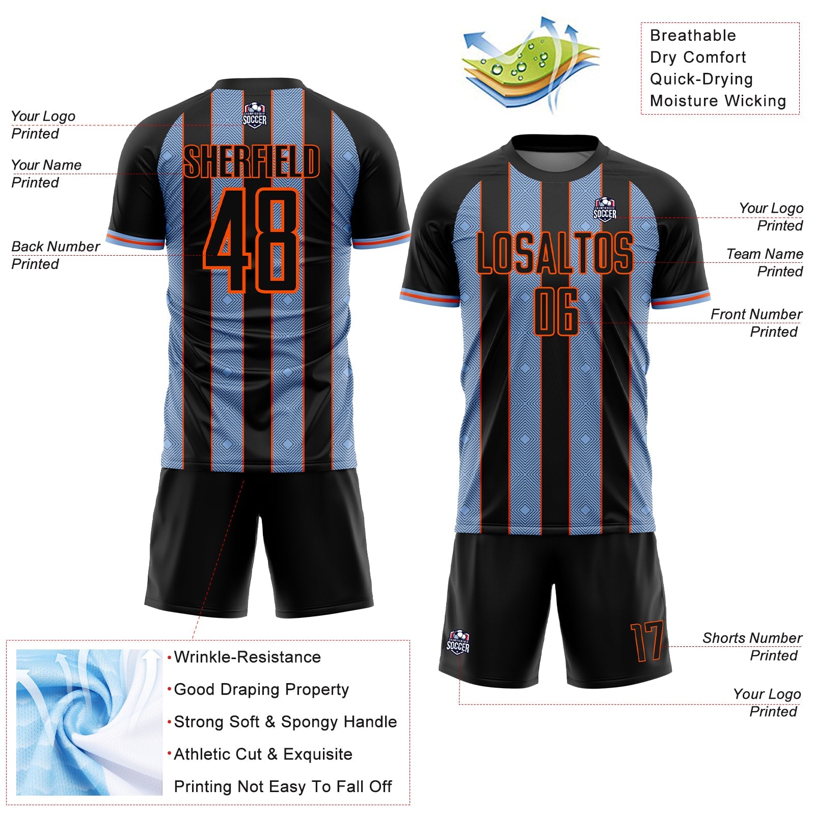 Custom Black Light Blue-Orange Pinstripe Line Sports Sublimation Soccer Uniform Jersey view 4