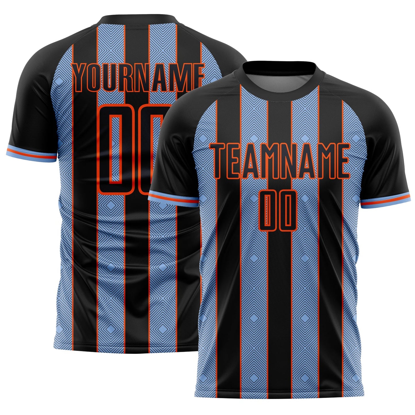 Custom Black Light Blue-Orange Pinstripe Line Sports Sublimation Soccer Uniform Jersey - Main View