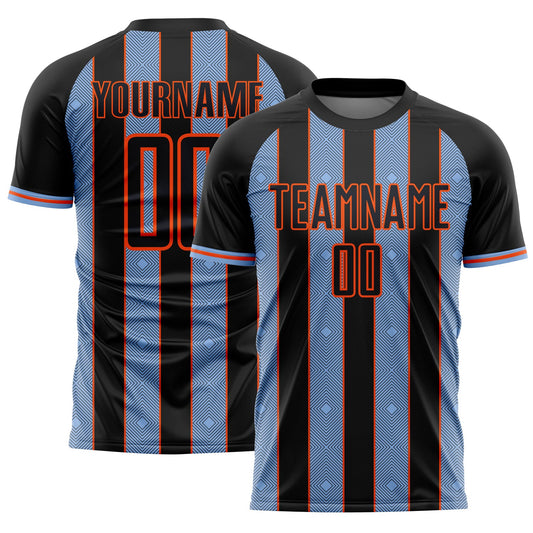 Custom Black Light Blue-Orange Pinstripe Line Sports Sublimation Soccer Uniform Jersey - Main View