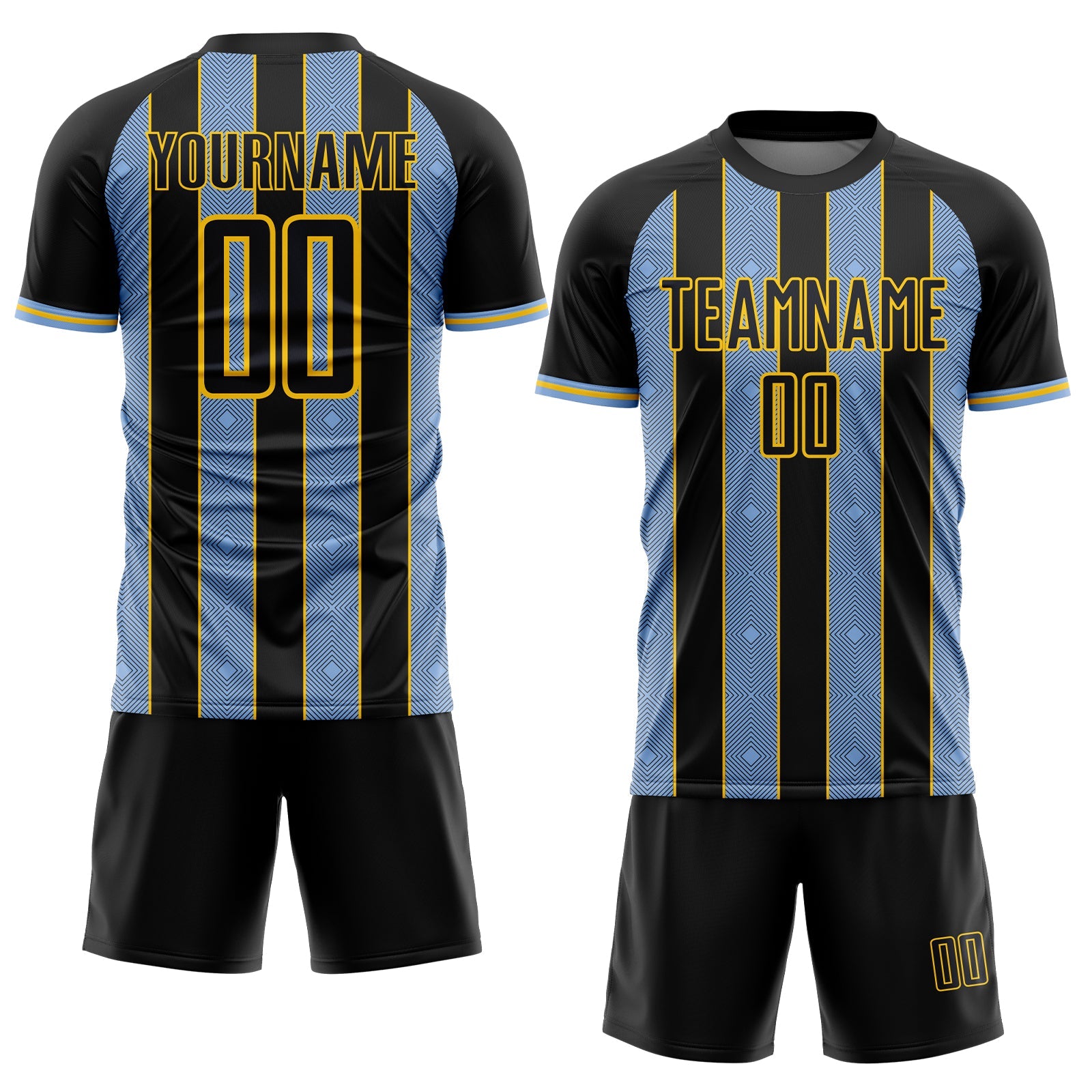 Custom Black Light Blue-Yellow Pinstripe Line Sports Sublimation Soccer Uniform Jersey view 2