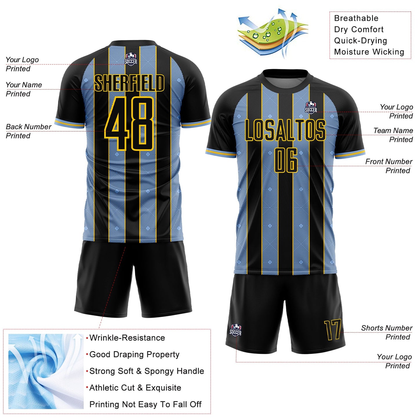 Custom Black Light Blue-Yellow Pinstripe Line Sports Sublimation Soccer Uniform Jersey view 4