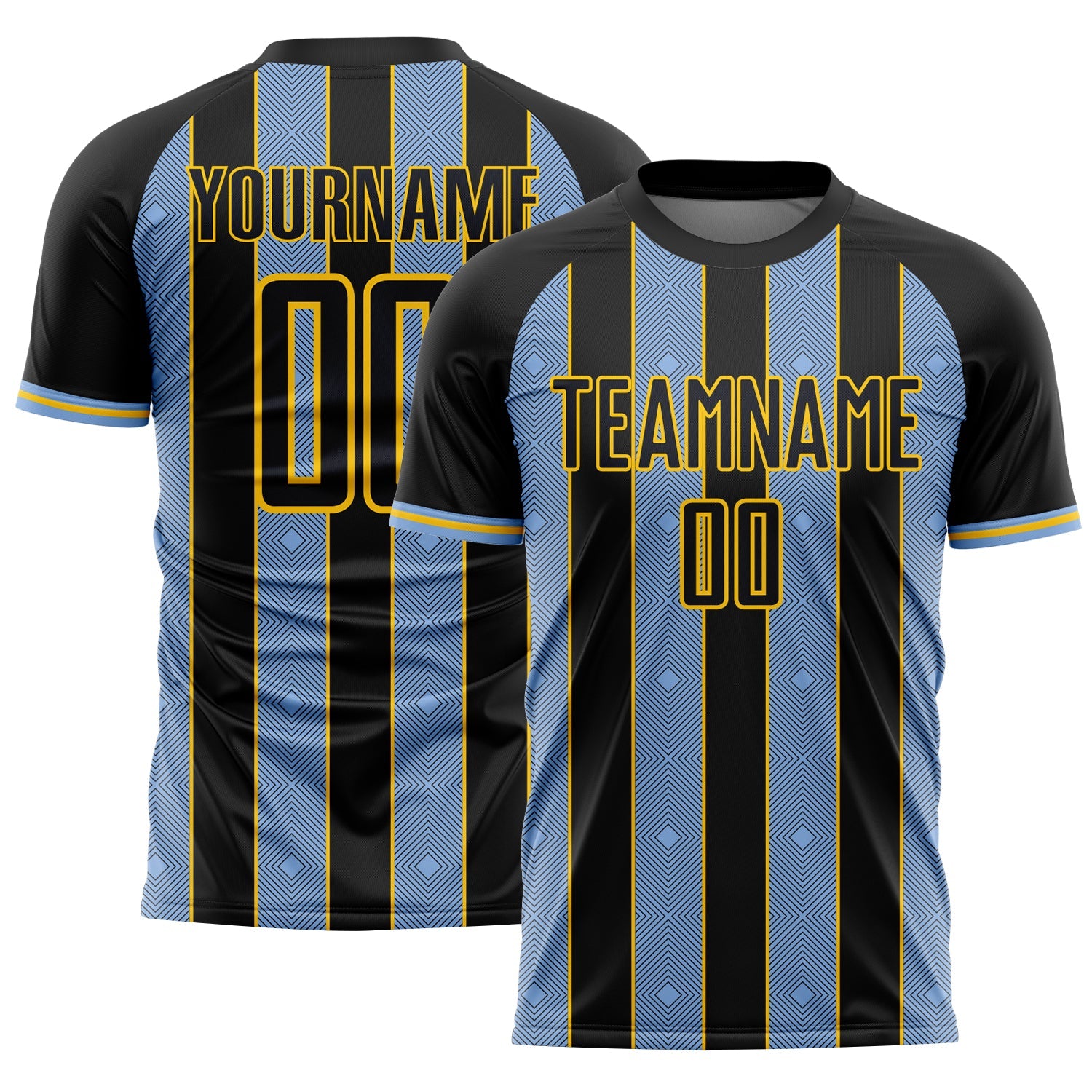 Custom Black Light Blue-Yellow Pinstripe Line Sports Sublimation Soccer Uniform Jersey - Main View