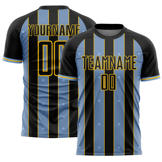 Custom Black Light Blue-Yellow Pinstripe Line Sports Sublimation Soccer Uniform Jersey - Main View