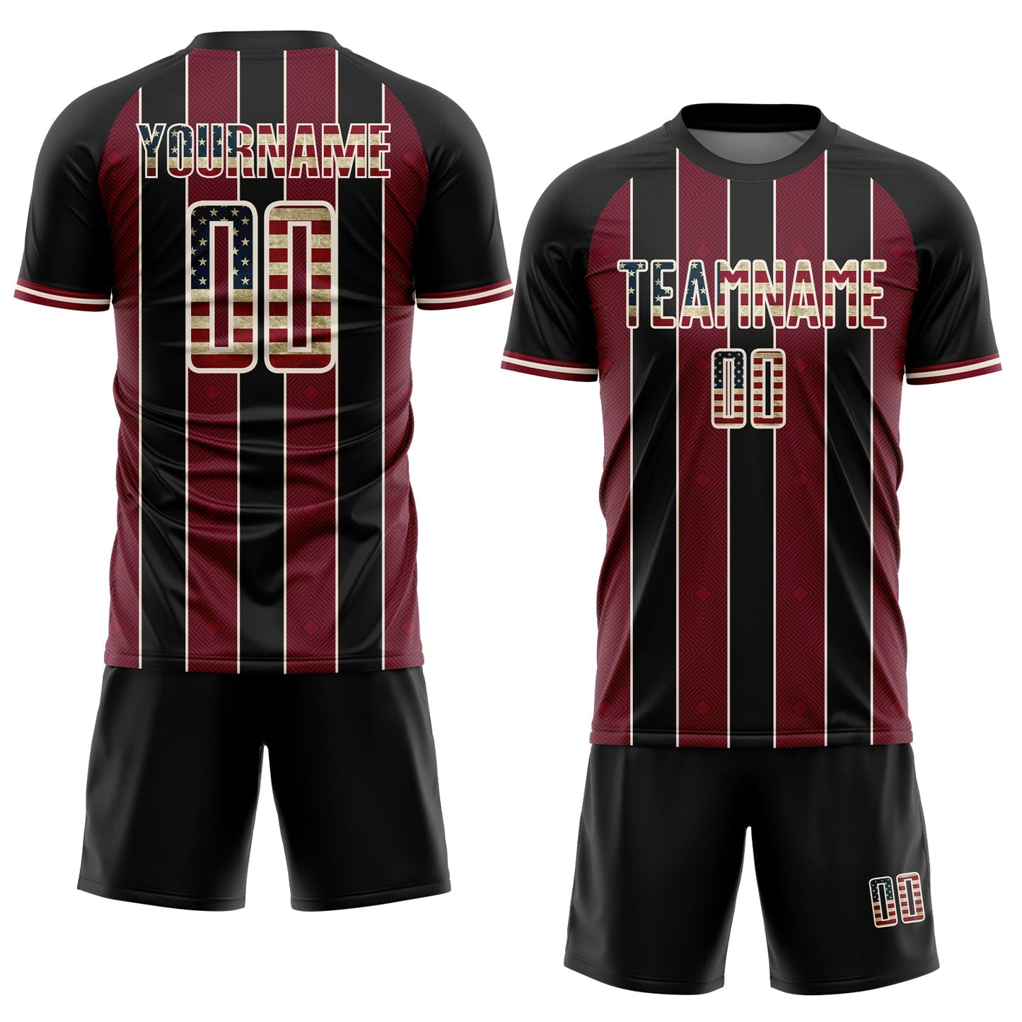 Custom Black Vintage USA Flag Crimson-Cream Pinstripe Line Sports Sublimation Soccer Uniform Jersey view 2