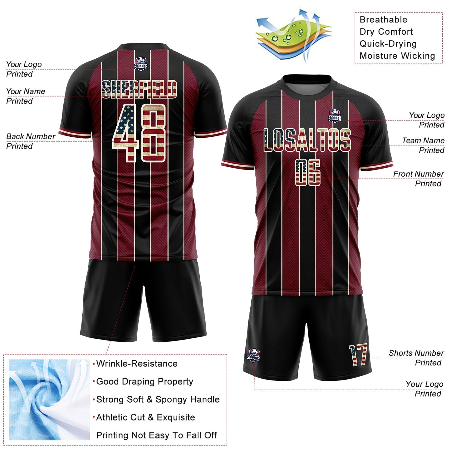 Custom Black Vintage USA Flag Crimson-Cream Pinstripe Line Sports Sublimation Soccer Uniform Jersey view 4