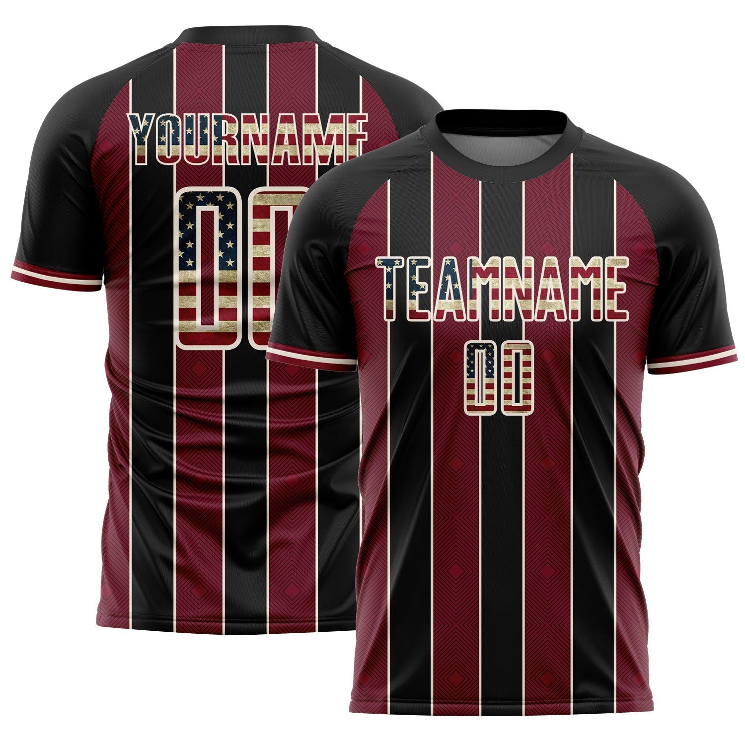 Custom Black Vintage USA Flag Crimson-Cream Pinstripe Line Sports Sublimation Soccer Uniform Jersey - Main View