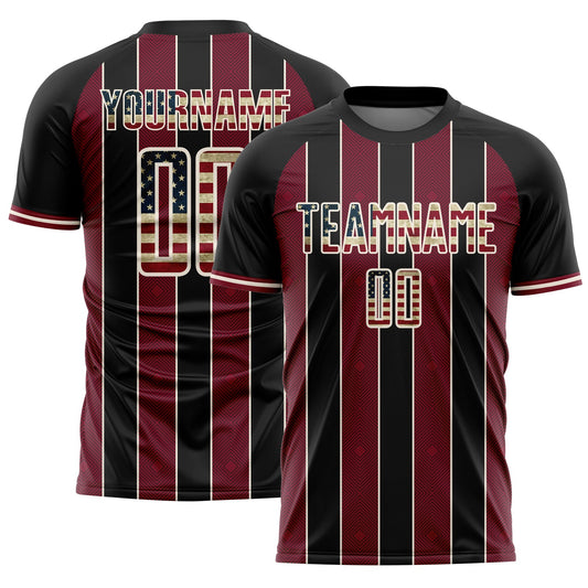 Custom Black Vintage USA Flag Crimson-Cream Pinstripe Line Sports Sublimation Soccer Uniform Jersey - Main View
