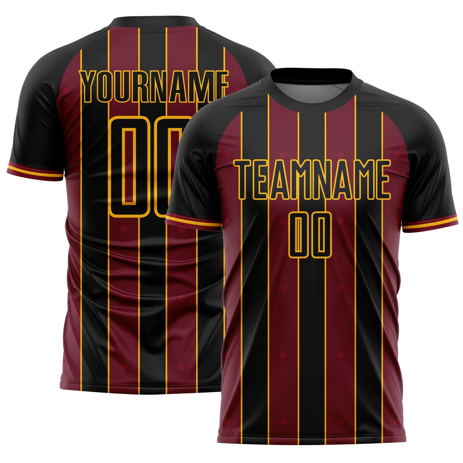 Custom Black Crimson-Gold Pinstripe Line Sports Sublimation Soccer Uniform Jersey - Main View