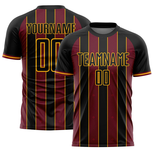 Custom Black Crimson-Gold Pinstripe Line Sports Sublimation Soccer Uniform Jersey - Main View