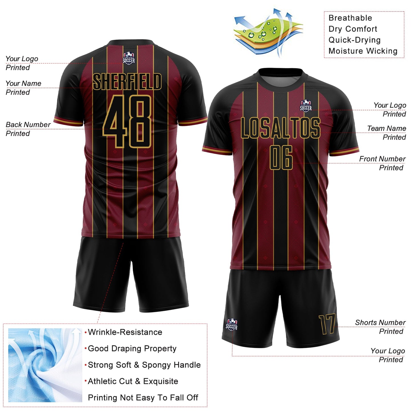 Custom Black Crimson-Old Gold Pinstripe Line Sports Sublimation Soccer Uniform Jersey view 4