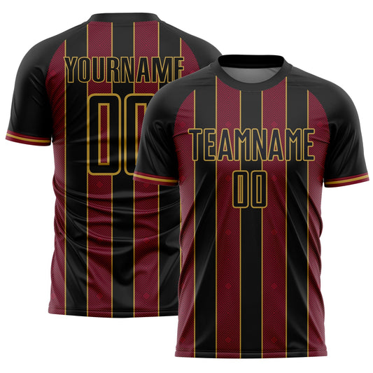 Custom Black Crimson-Old Gold Pinstripe Line Sports Sublimation Soccer Uniform Jersey - Main View