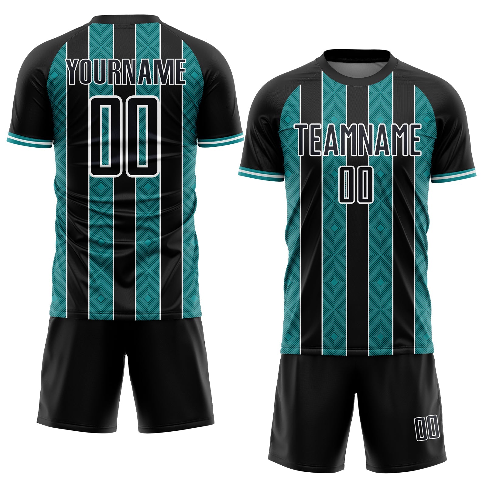 Custom Black Teal-White Pinstripe Line Sports Sublimation Soccer Uniform Jersey view 2