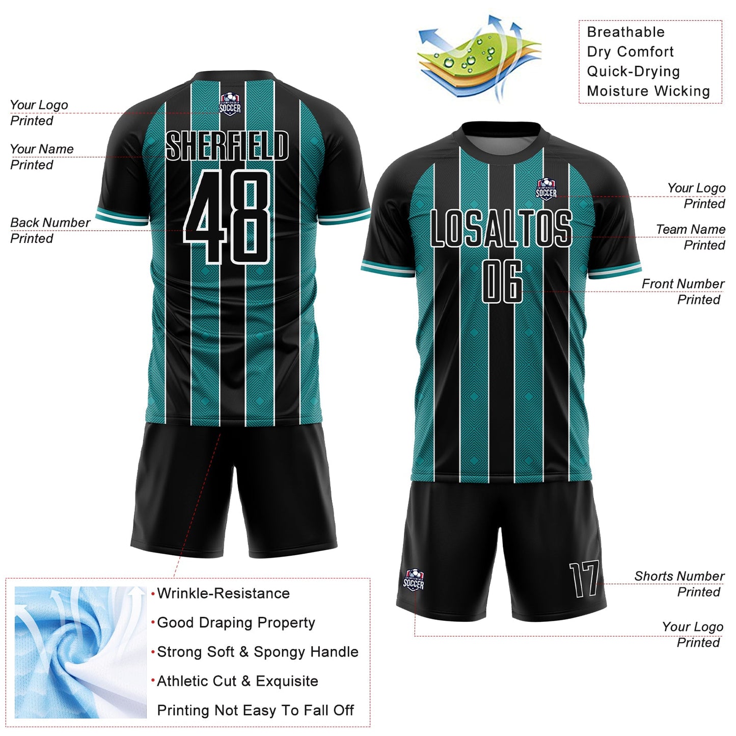 Custom Black Teal-White Pinstripe Line Sports Sublimation Soccer Uniform Jersey view 4