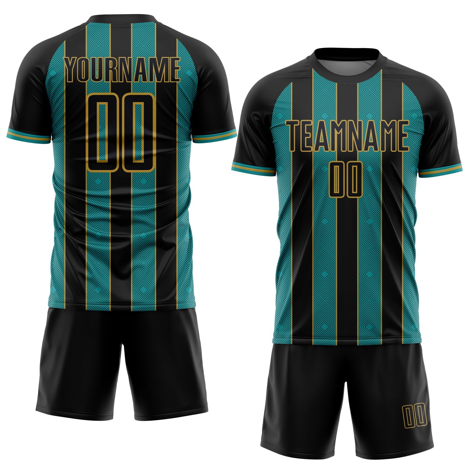 Custom Black Teal-Old Gold Pinstripe Line Sports Sublimation Soccer Uniform Jersey view 2