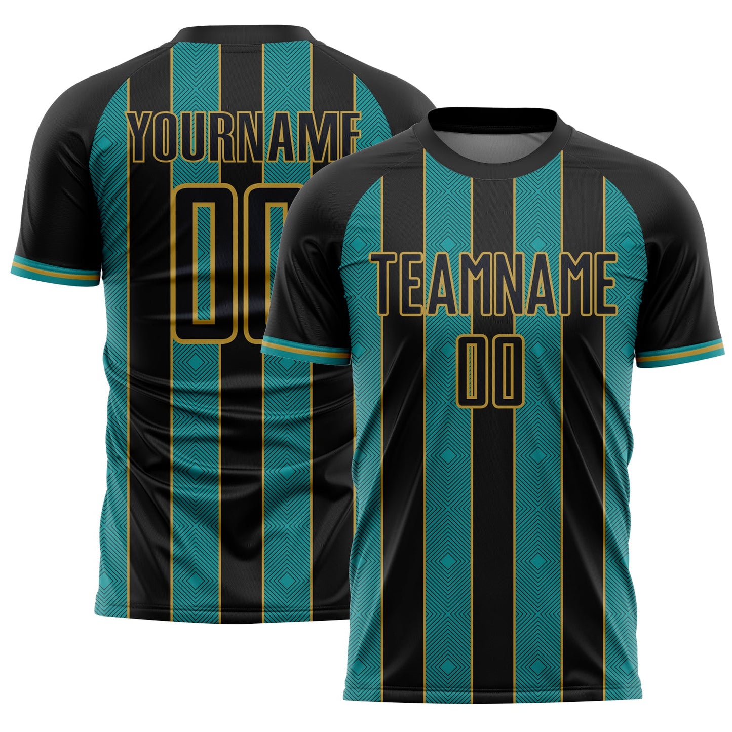 Custom Black Teal-Old Gold Pinstripe Line Sports Sublimation Soccer Uniform Jersey - Main View