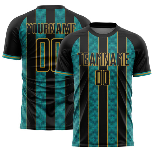 Custom Black Teal-Old Gold Pinstripe Line Sports Sublimation Soccer Uniform Jersey - Main View