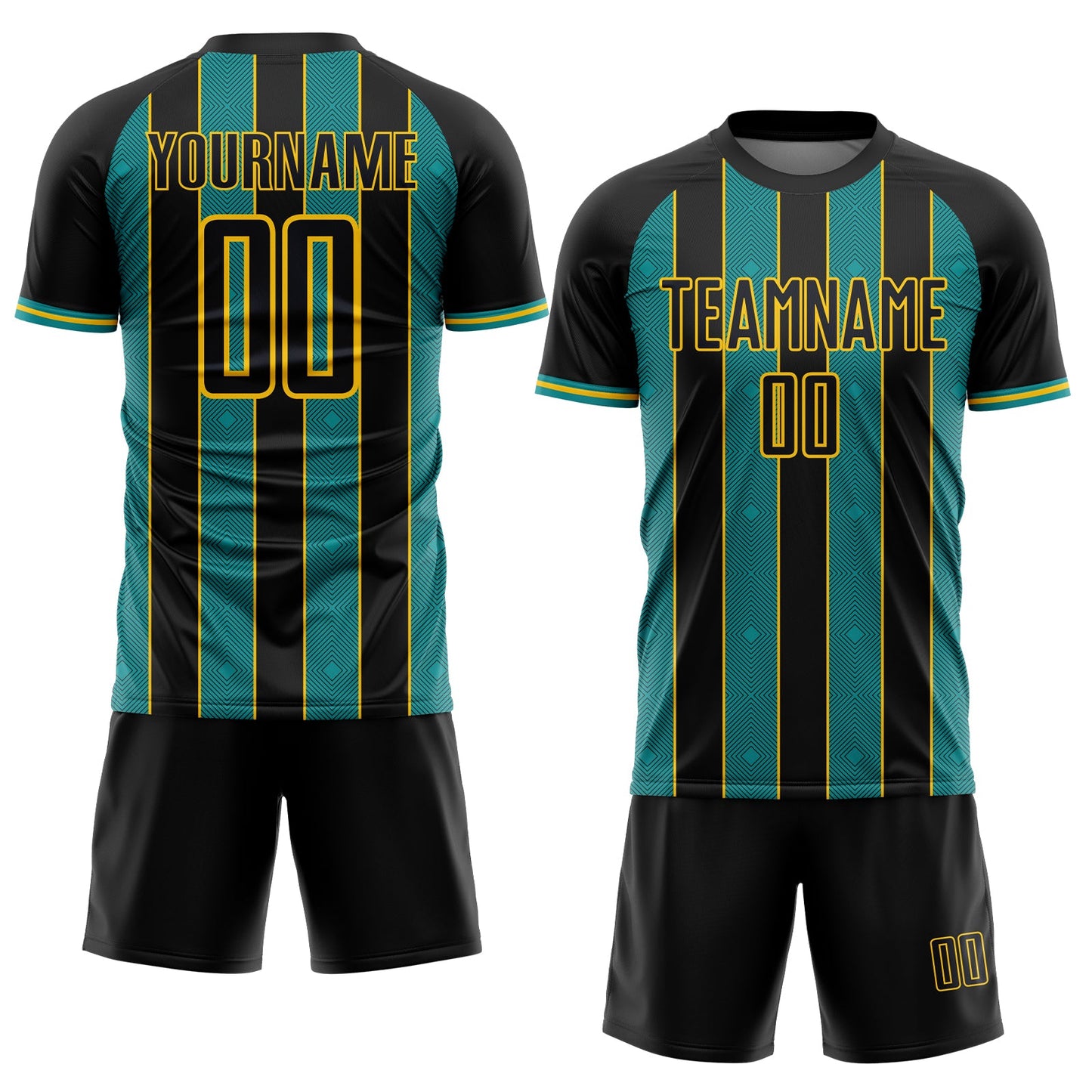 Custom Black Teal-Yellow Pinstripe Line Sports Sublimation Soccer Uniform Jersey view 2