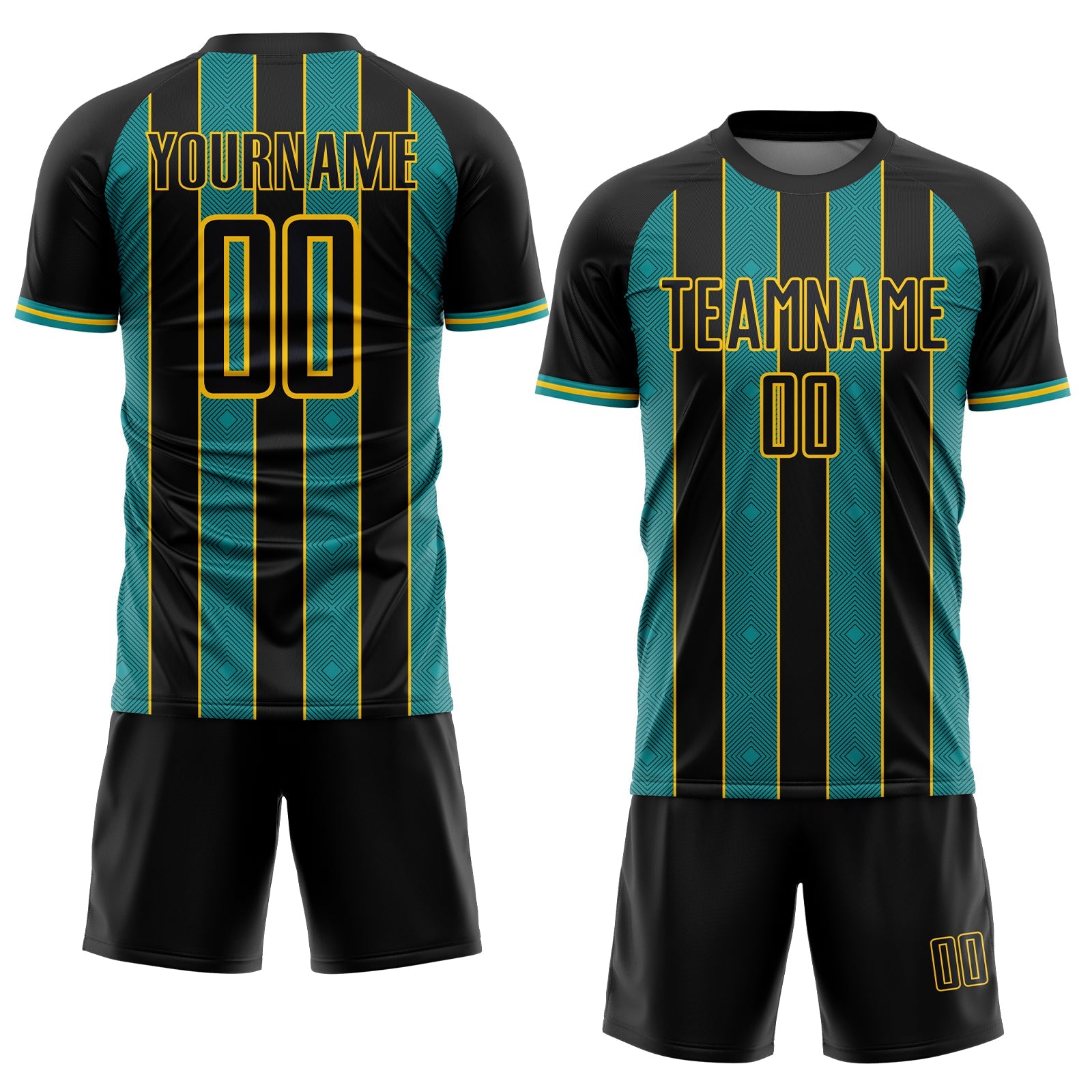 Custom Black Teal-Yellow Pinstripe Line Sports Sublimation Soccer Uniform Jersey view 2