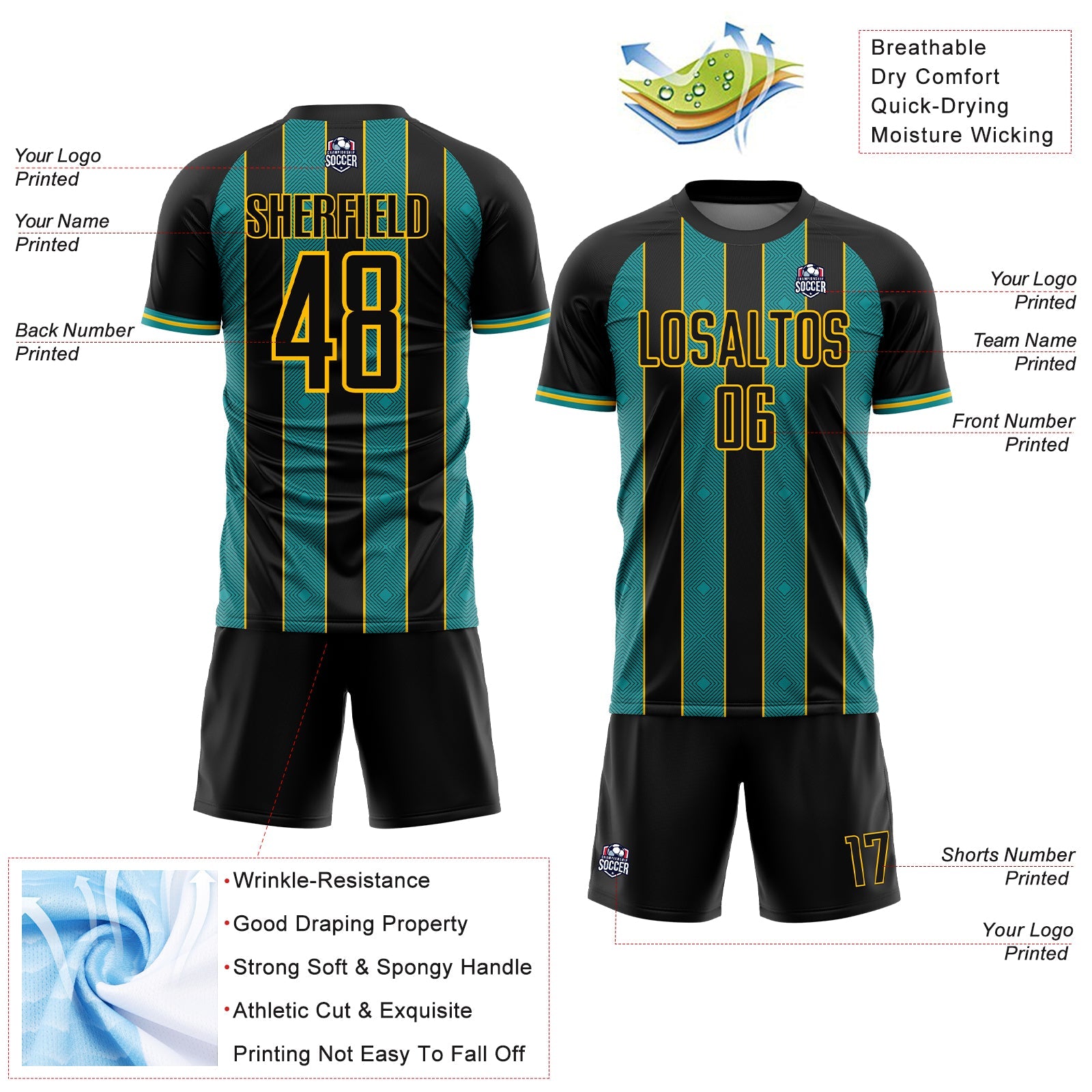 Custom Black Teal-Yellow Pinstripe Line Sports Sublimation Soccer Uniform Jersey view 4
