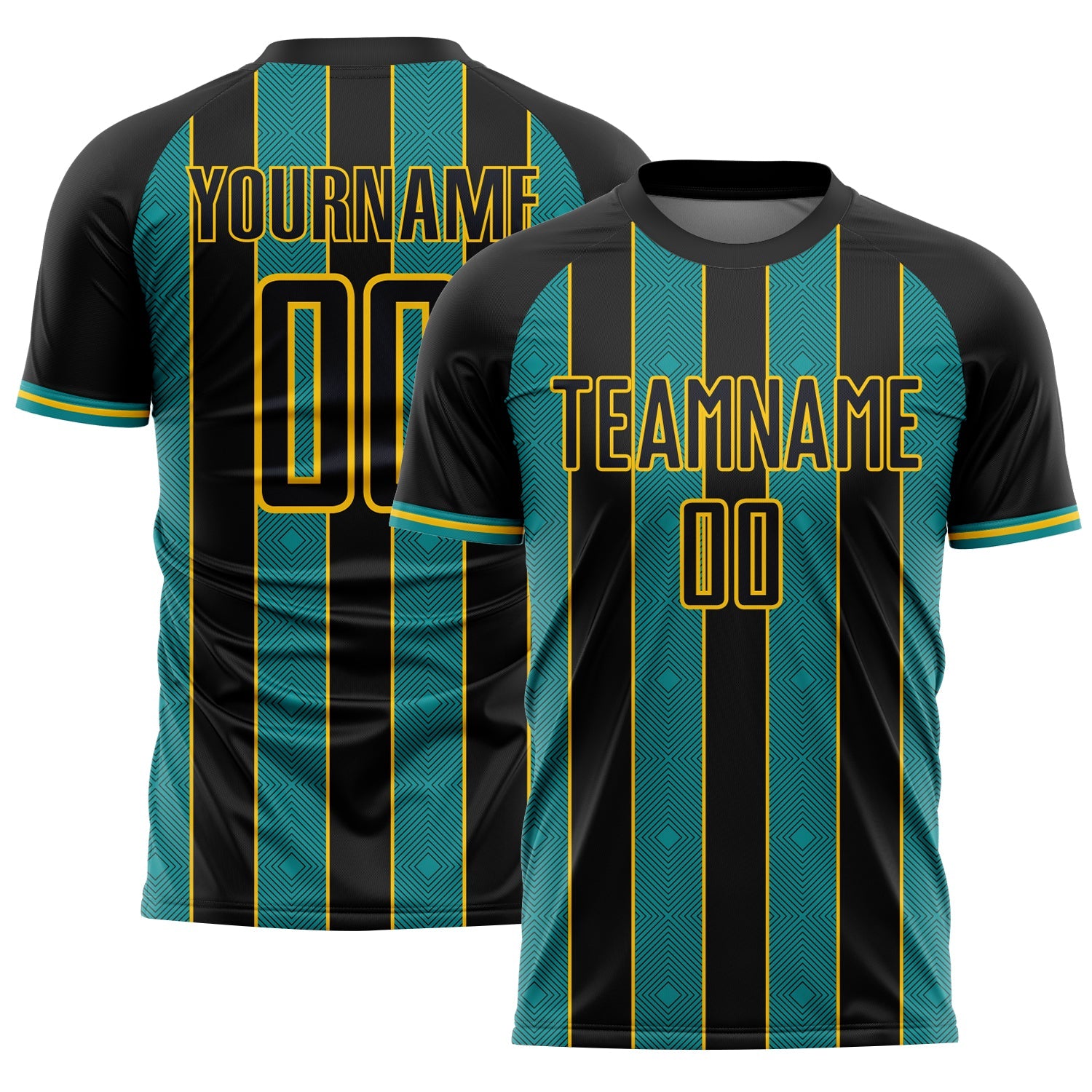 Custom Black Teal-Yellow Pinstripe Line Sports Sublimation Soccer Uniform Jersey - Main View