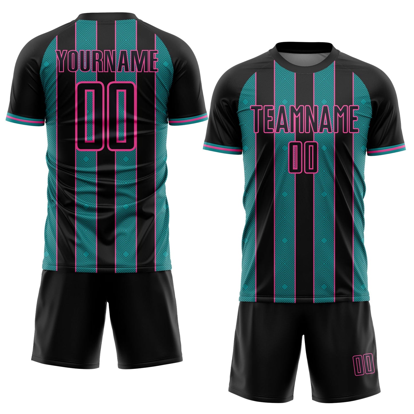 Custom Black Teal-Pink Pinstripe Line Sports Sublimation Soccer Uniform Jersey view 2