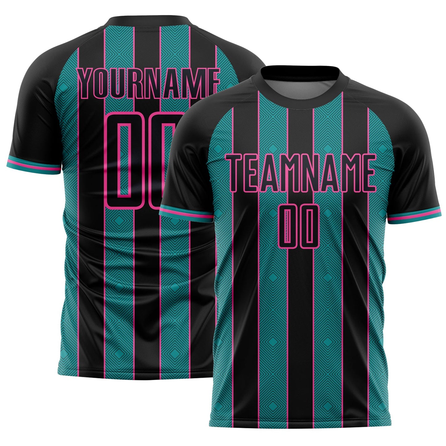 Custom Black Teal-Pink Pinstripe Line Sports Sublimation Soccer Uniform Jersey - Main View