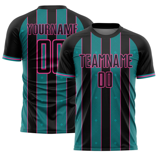 Custom Black Teal-Pink Pinstripe Line Sports Sublimation Soccer Uniform Jersey - Main View