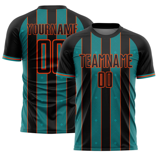 Custom Black Teal-Orange Pinstripe Line Sports Sublimation Soccer Uniform Jersey - Main View