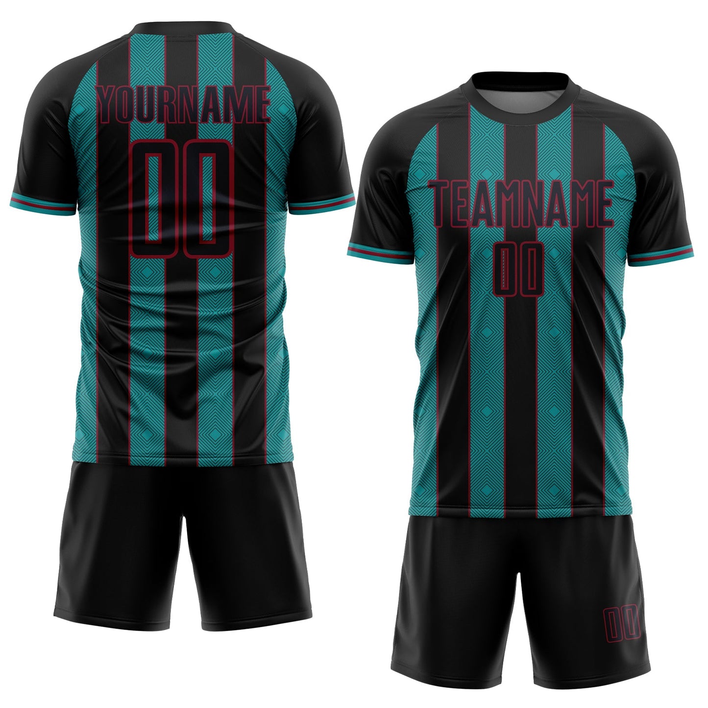 Custom Black Teal-Crimson Pinstripe Line Sports Sublimation Soccer Uniform Jersey view 2