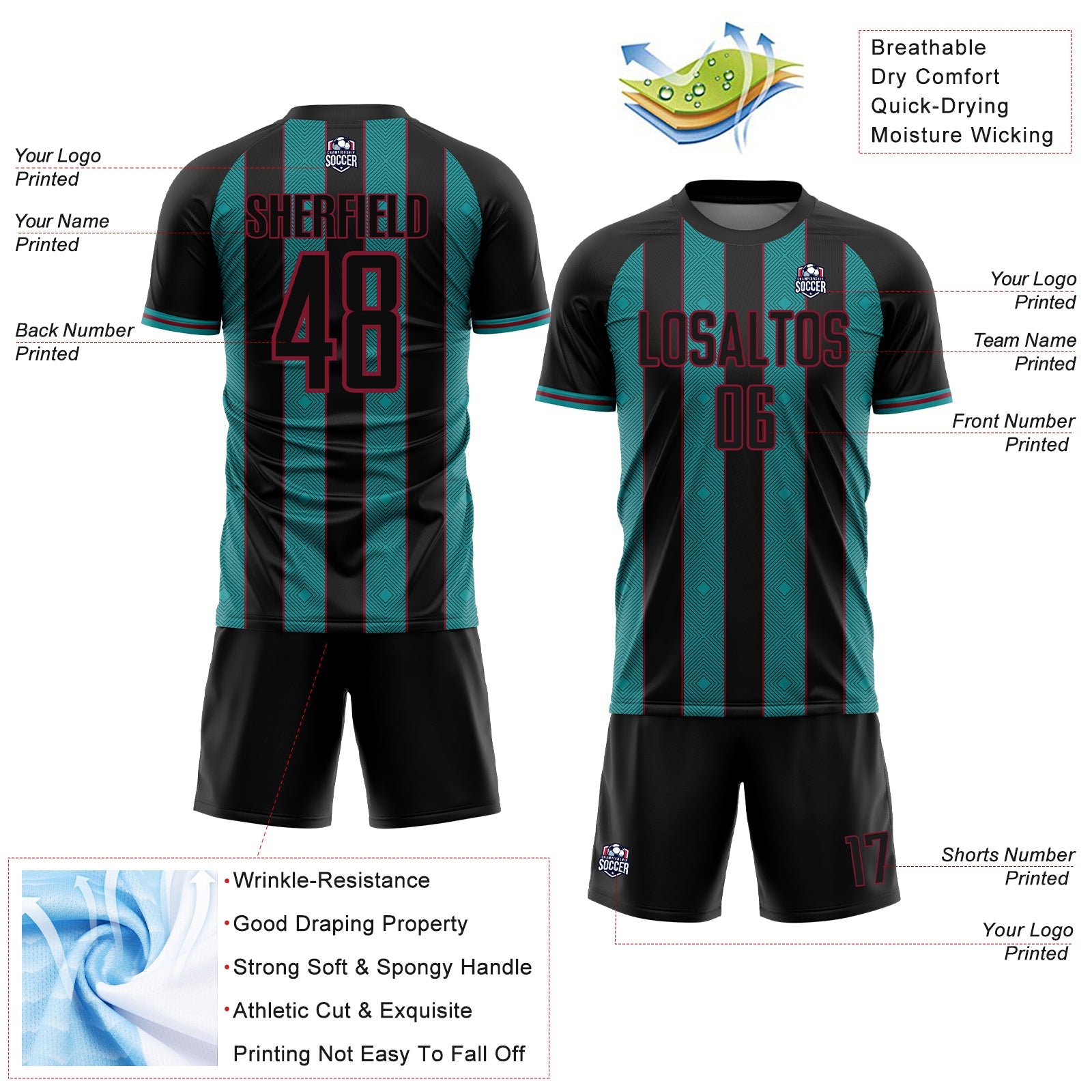 Custom Black Teal-Crimson Pinstripe Line Sports Sublimation Soccer Uniform Jersey view 4